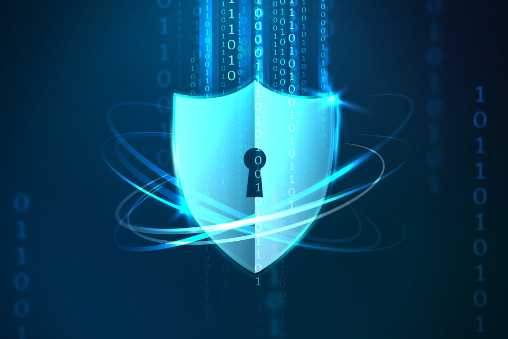 Digital security concept with a shield and keyhole surrounded by binary code and light trails