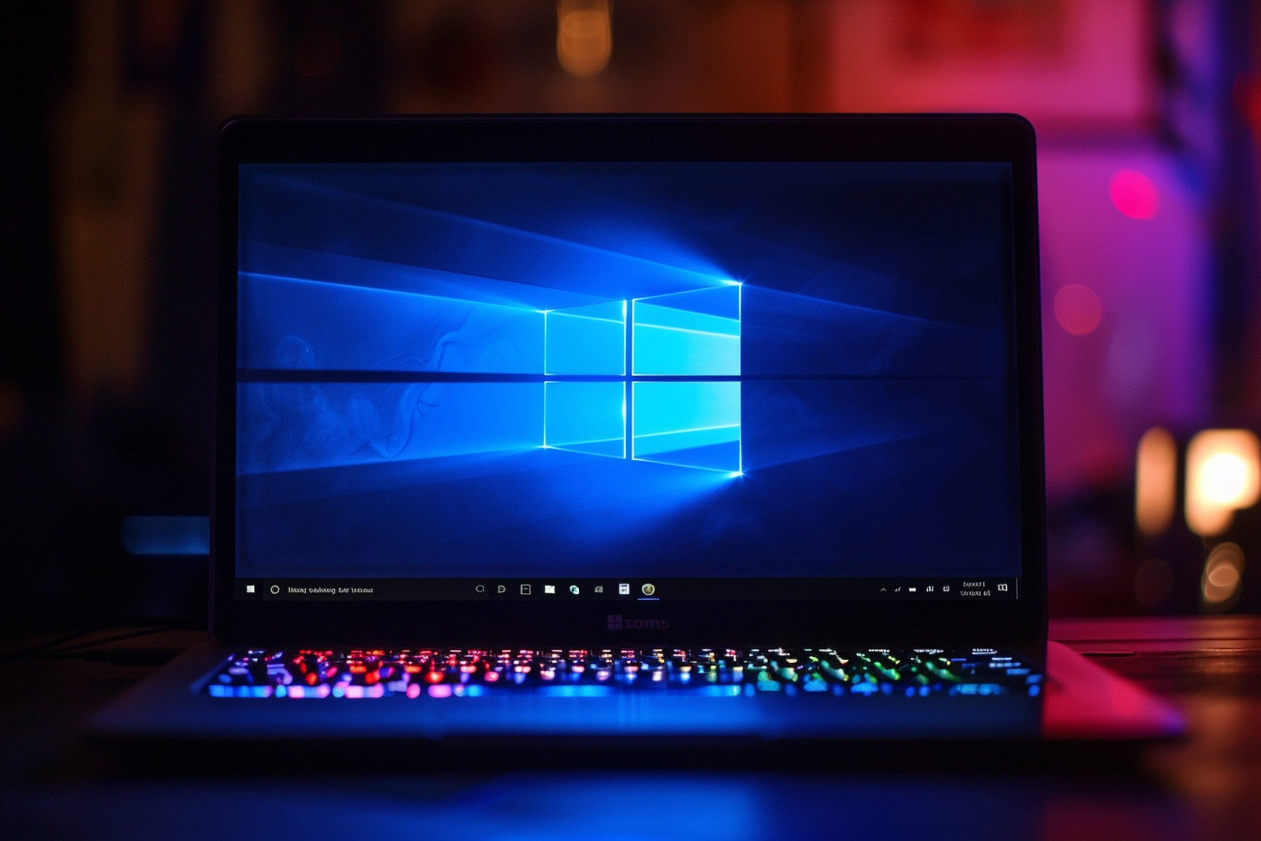 Laptop displaying Windows 10 logo with illuminated keyboard in a dark setting