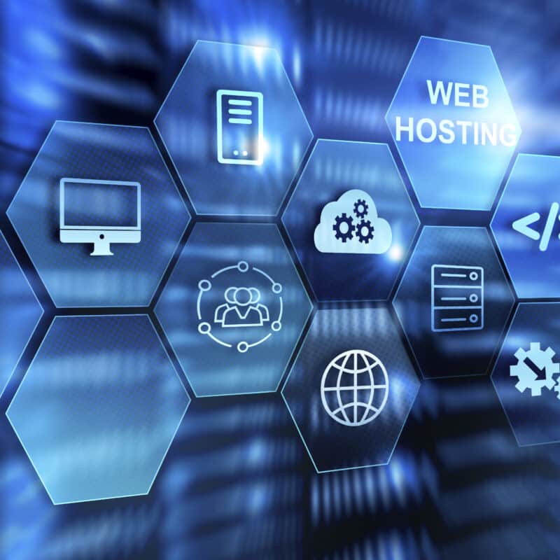 A digital illustration of web hosting and cloud computing concepts featuring hexagonal icons on a blue futuristic background.
